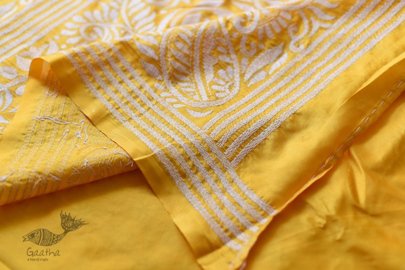 shop Kantha Embroidery ~ Lime Yellow Silk Saree