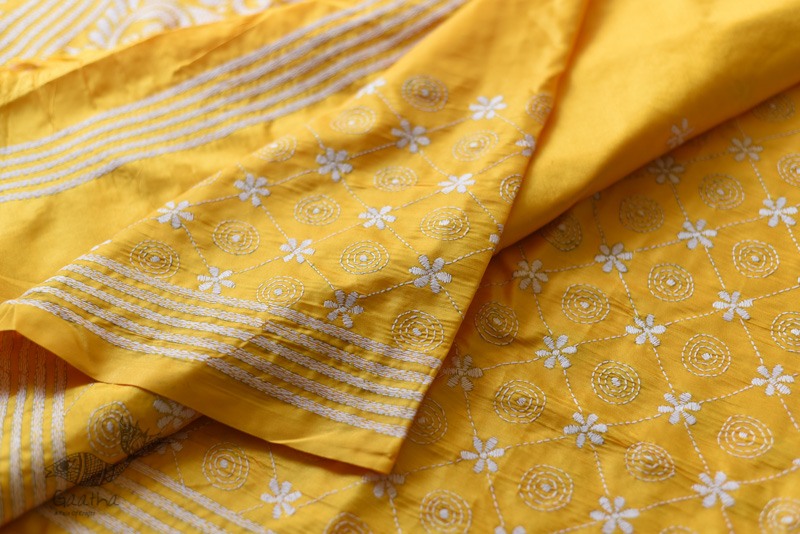 shop Kantha Embroidery ~ Lime Yellow Silk Saree