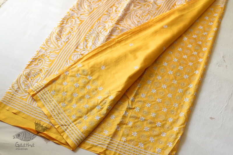 shop Kantha Embroidery ~ Lime Yellow Silk Saree