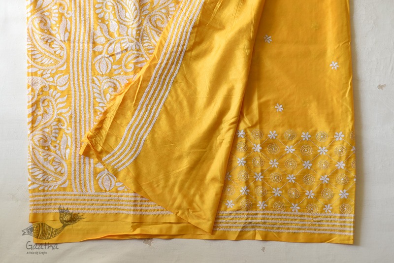 shop Kantha Embroidery ~ Lime Yellow Silk Saree