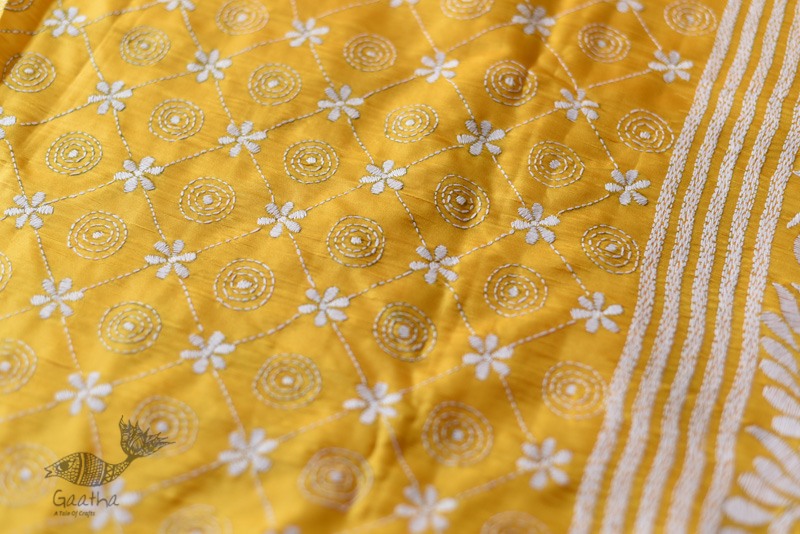 shop Kantha Embroidery ~ Lime Yellow Silk Saree