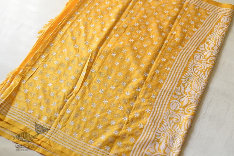 shop Kantha Embroidery ~ Lime Yellow Silk Saree