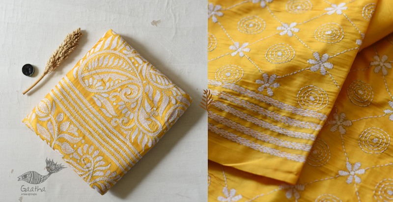 shop Kantha Embroidery ~ Lime Yellow Silk Saree