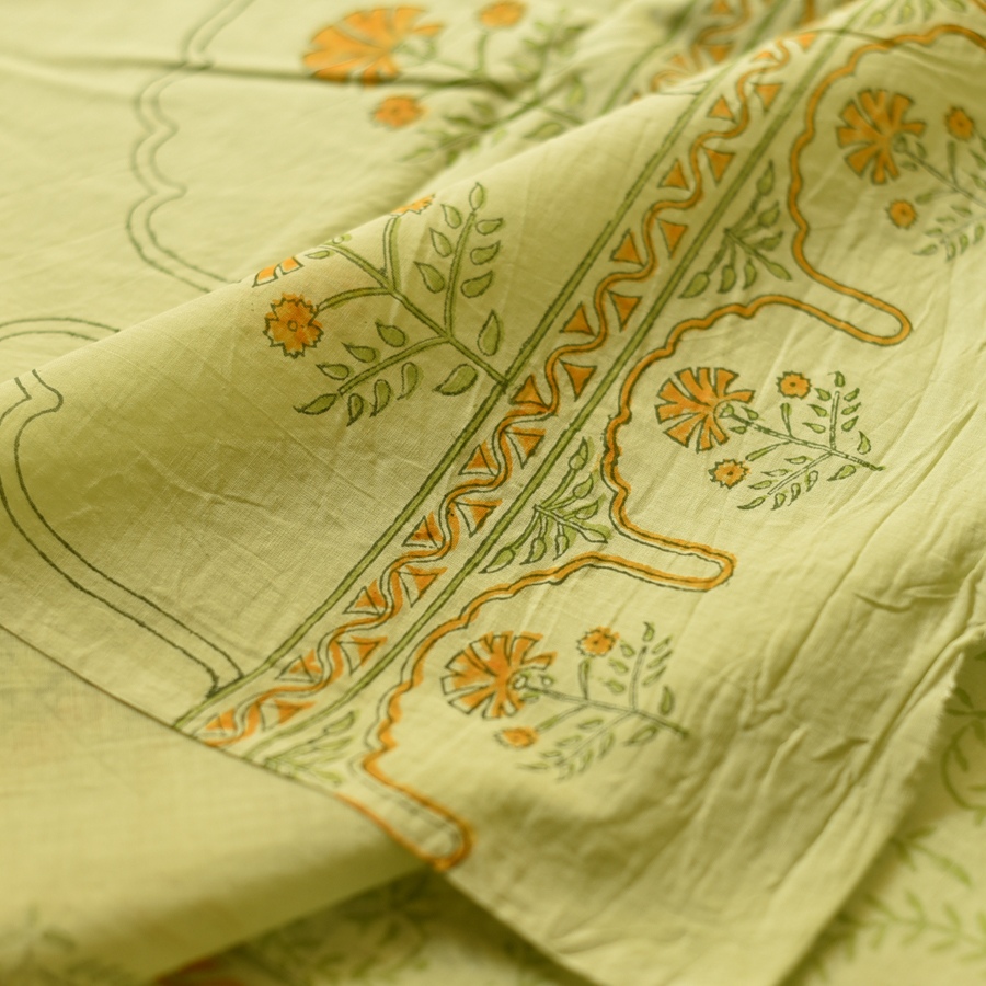 shop Bagru Block Printed Cotton Saree - Light Green