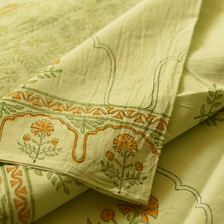 shop Bagru Block Printed Cotton Saree - Light Green