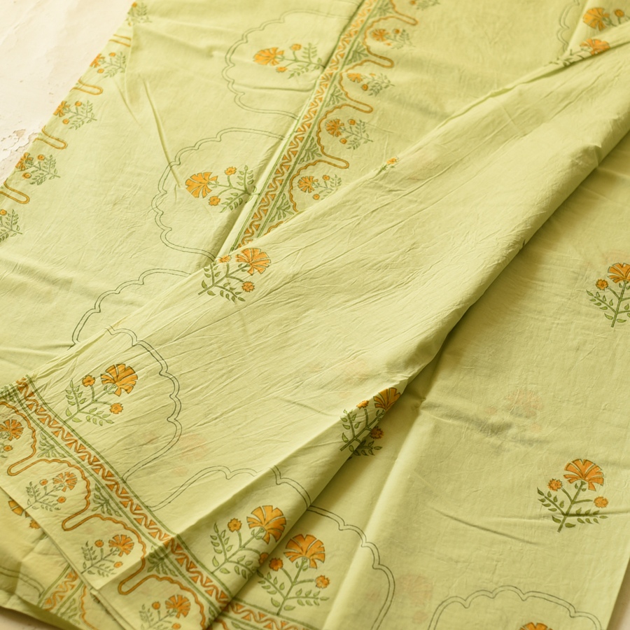 shop Bagru Block Printed Cotton Saree - Light Green