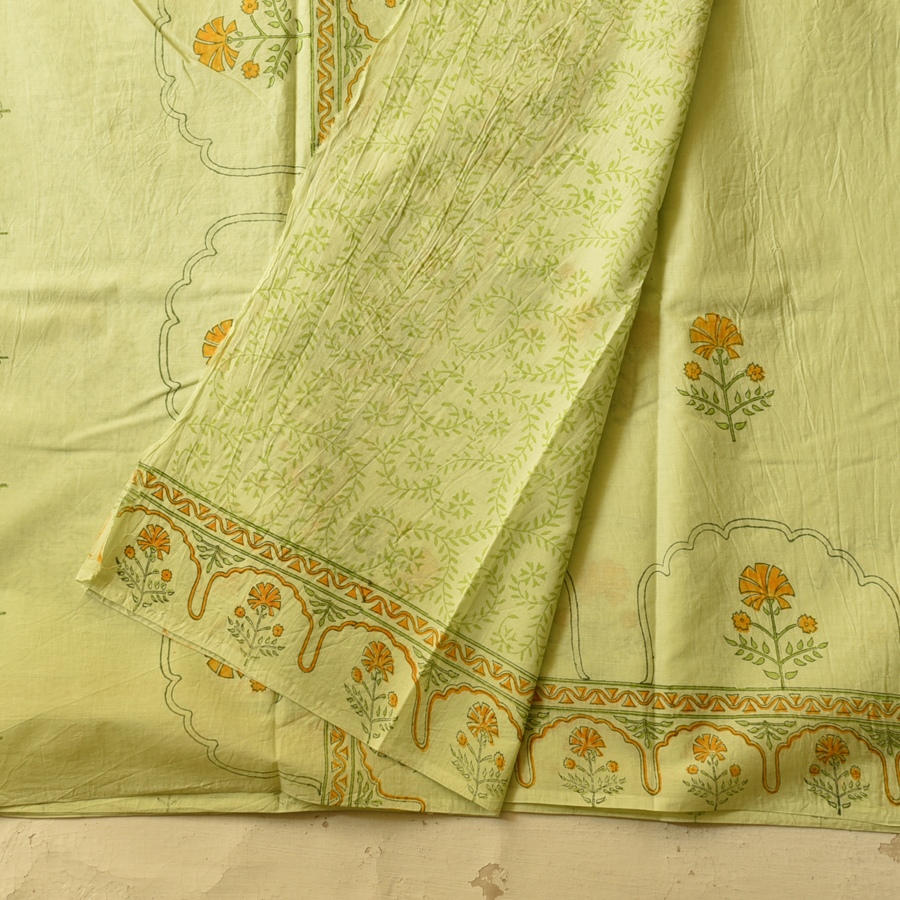 shop Bagru Block Printed Cotton Saree - Light Green