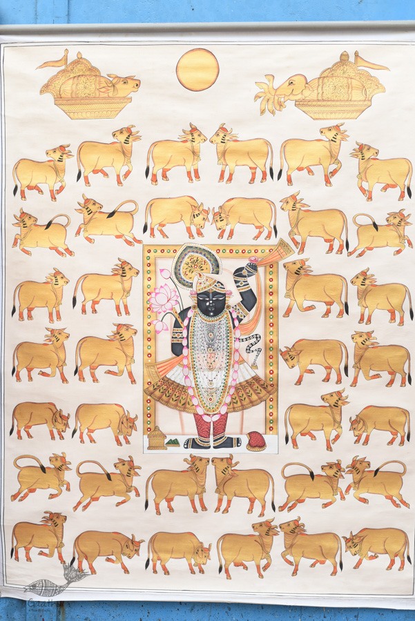 buy Traditional Pichwai Painting - Shrinathji With Golden Cows