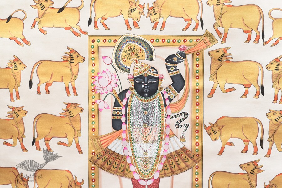 buy Traditional Pichwai Painting - Shrinathji With Golden Cows