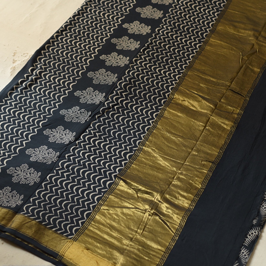 Shop Block Printed Cotton Saree With Golden Pallu