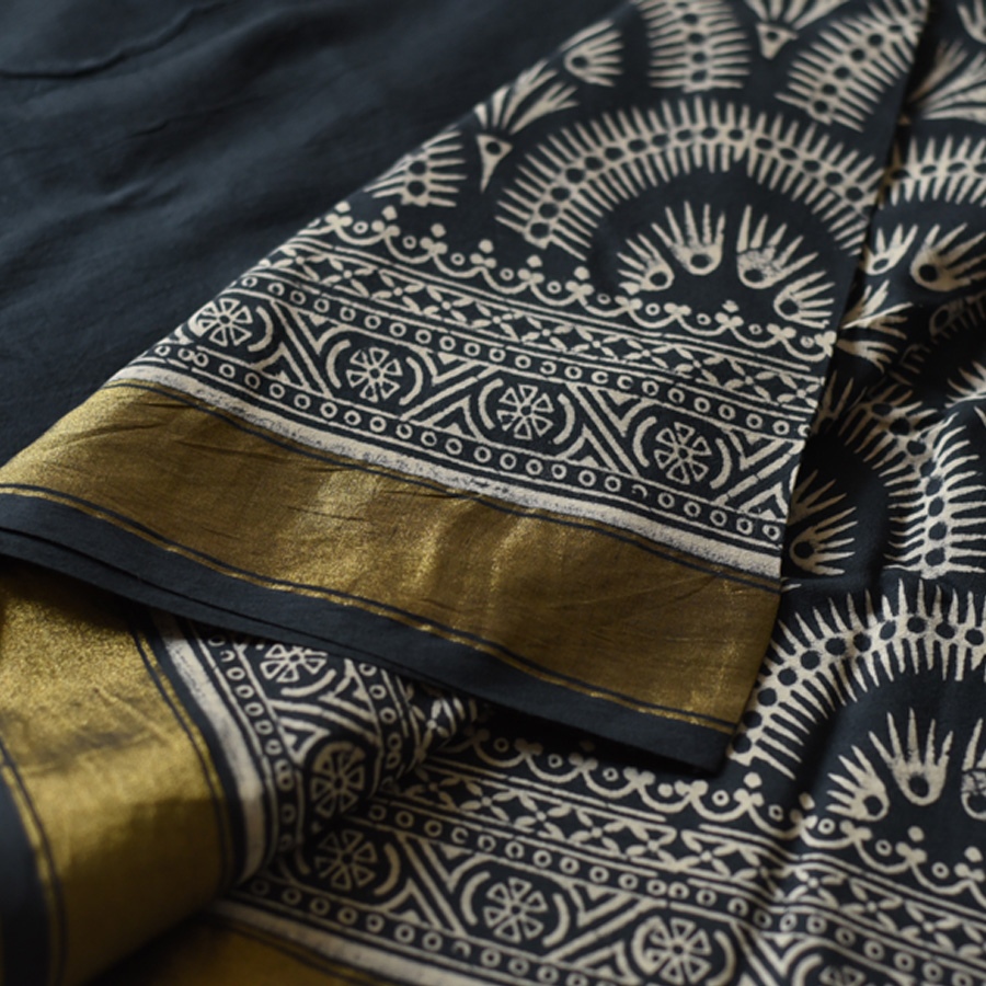 Shop Block Printed Cotton Saree With Golden Pallu