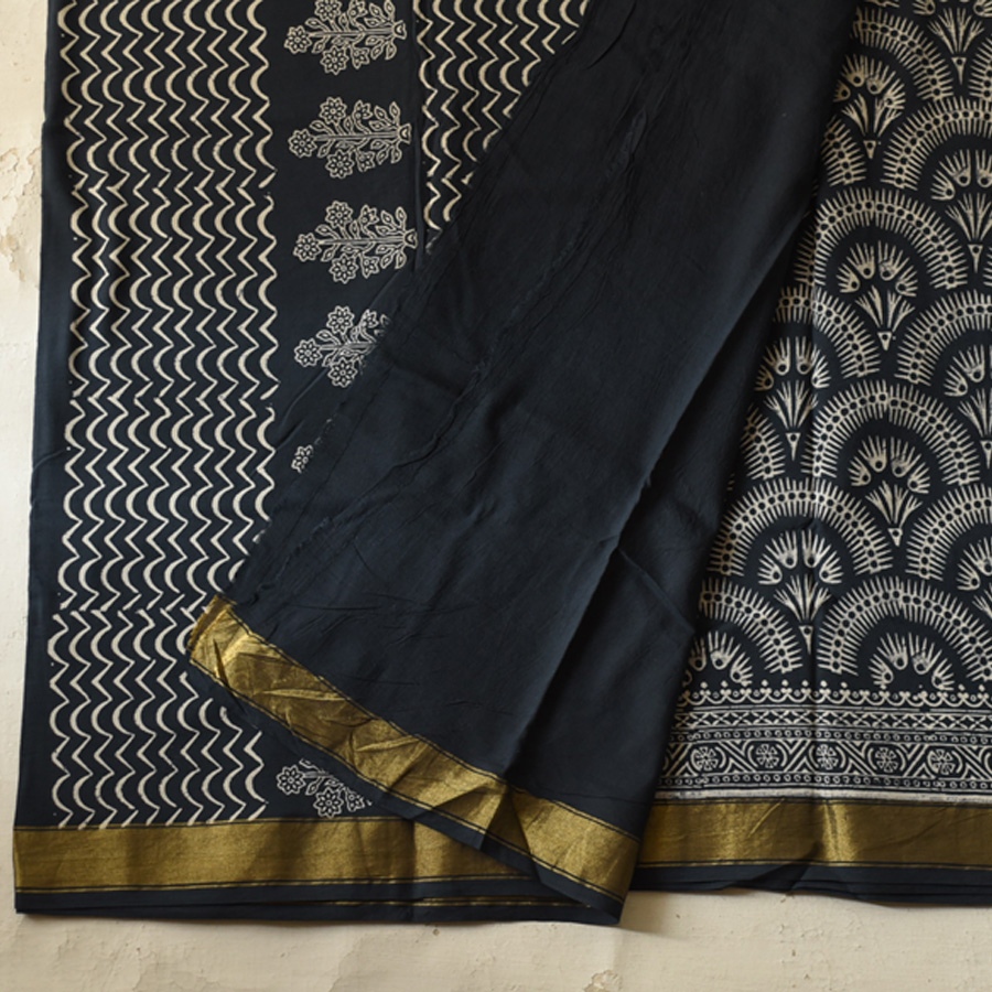 Shop Block Printed Cotton Saree With Golden Pallu