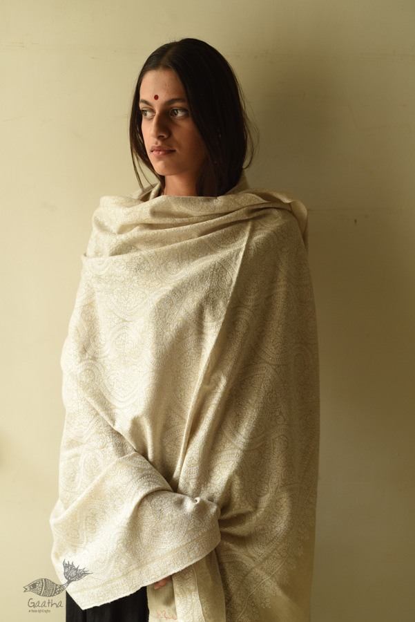 shop Pashmina Kashmiri Shawl ~ Sozni Jamawar Embroidery - White on White