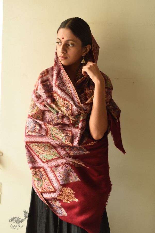 shop Pashmina Shawl - Sozni Jamawar Embroidery - Maroon