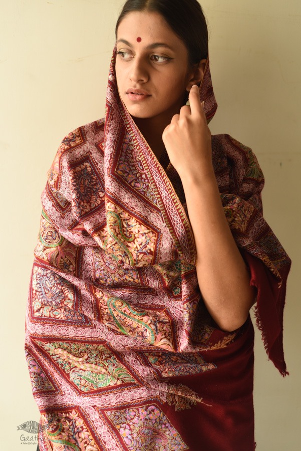 shop Pashmina Shawl - Sozni Jamawar Embroidery - Maroon