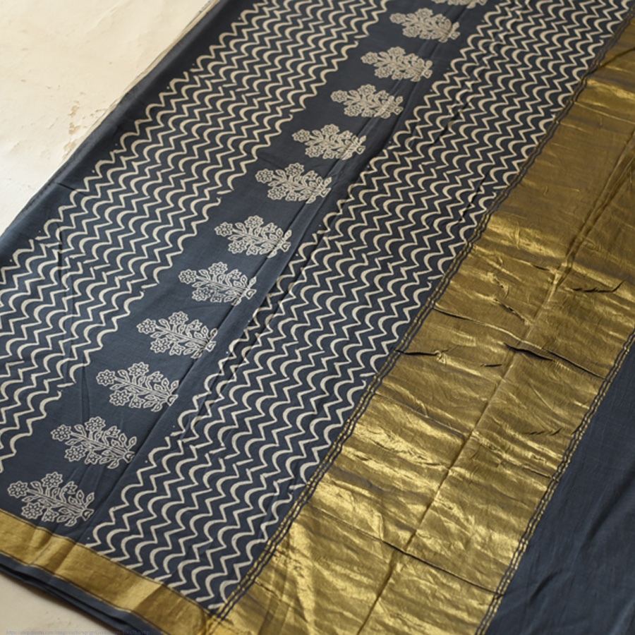 Shop Block Printed Cotton Saree - Dark Blue