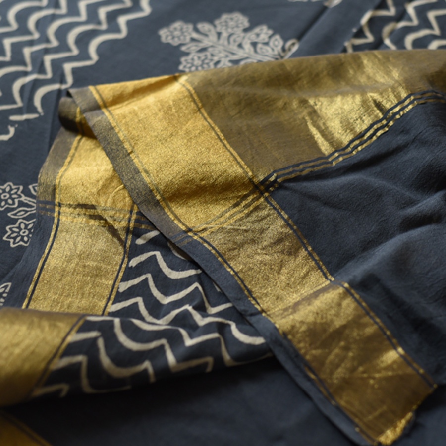 Shop Block Printed Cotton Saree - Dark Blue