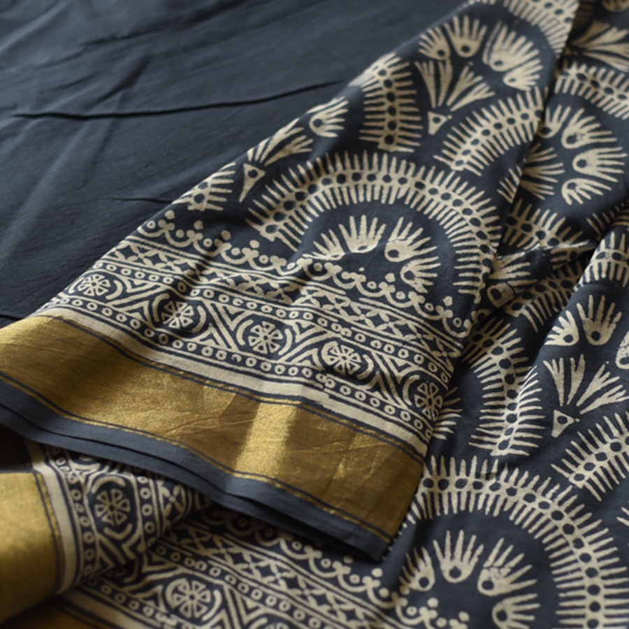 Shop Block Printed Cotton Saree - Dark Blue