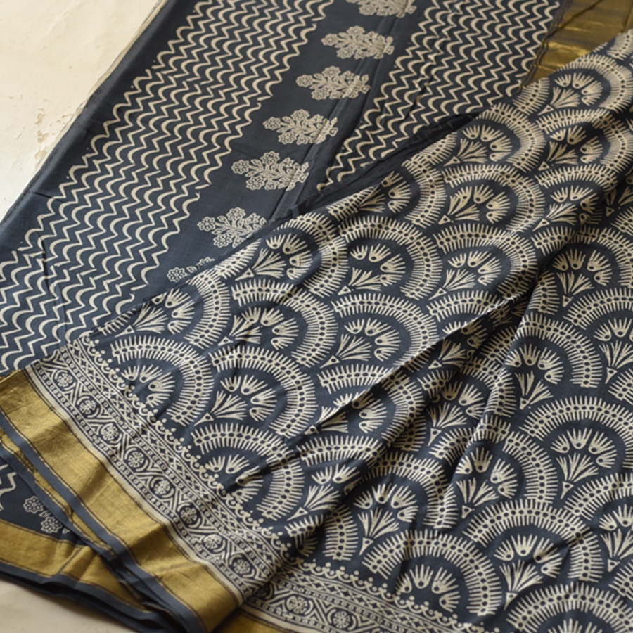 Shop Block Printed Cotton Saree - Dark Blue