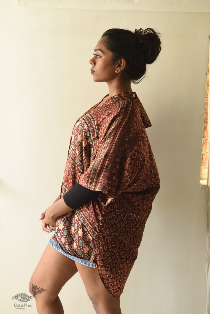 buy Ajrakh Block Printed Modal Silk Shirt - Half Sleeve