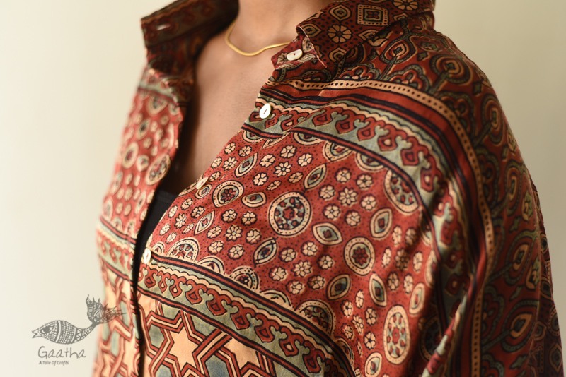 buy Ajrakh Block Printed Modal Silk Shirt - Half Sleeve