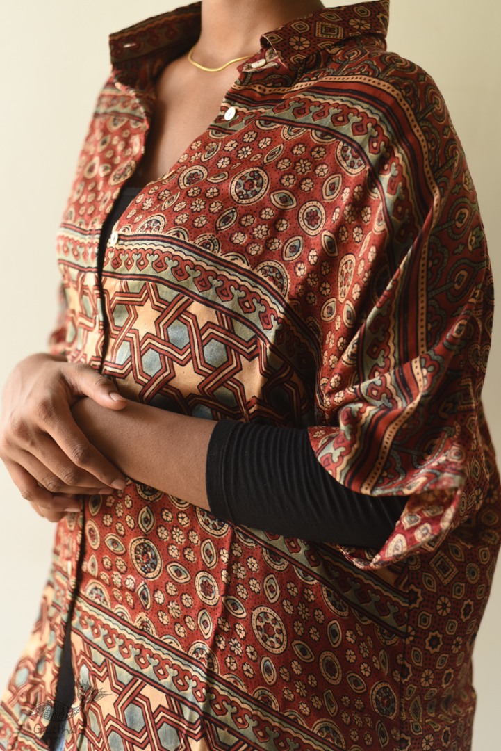 buy Ajrakh Block Printed Modal Silk Shirt - Half Sleeve