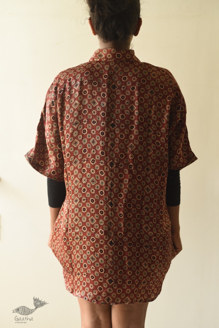 buy Ajrakh Block Printed Modal Silk Shirt - Half Sleeve