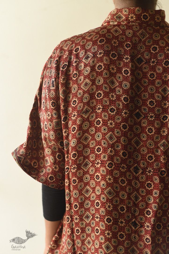 buy Ajrakh Block Printed Modal Silk Shirt - Half Sleeve