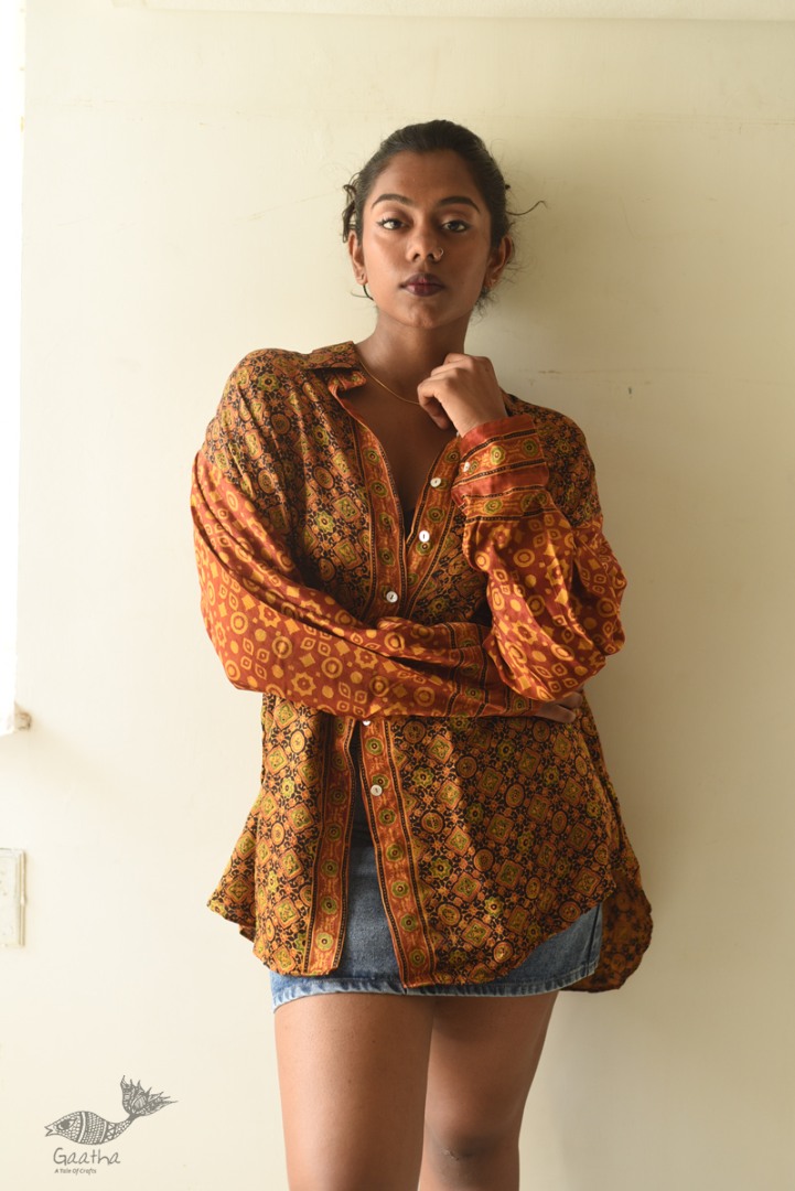 buy Hand Block Prints ~ Ajrakh Modal Silk Shirt