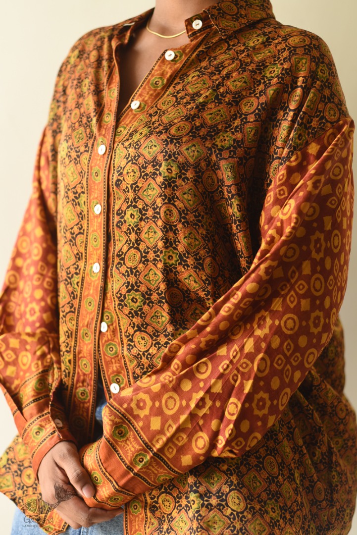 buy Hand Block Prints ~ Ajrakh Modal Silk Shirt