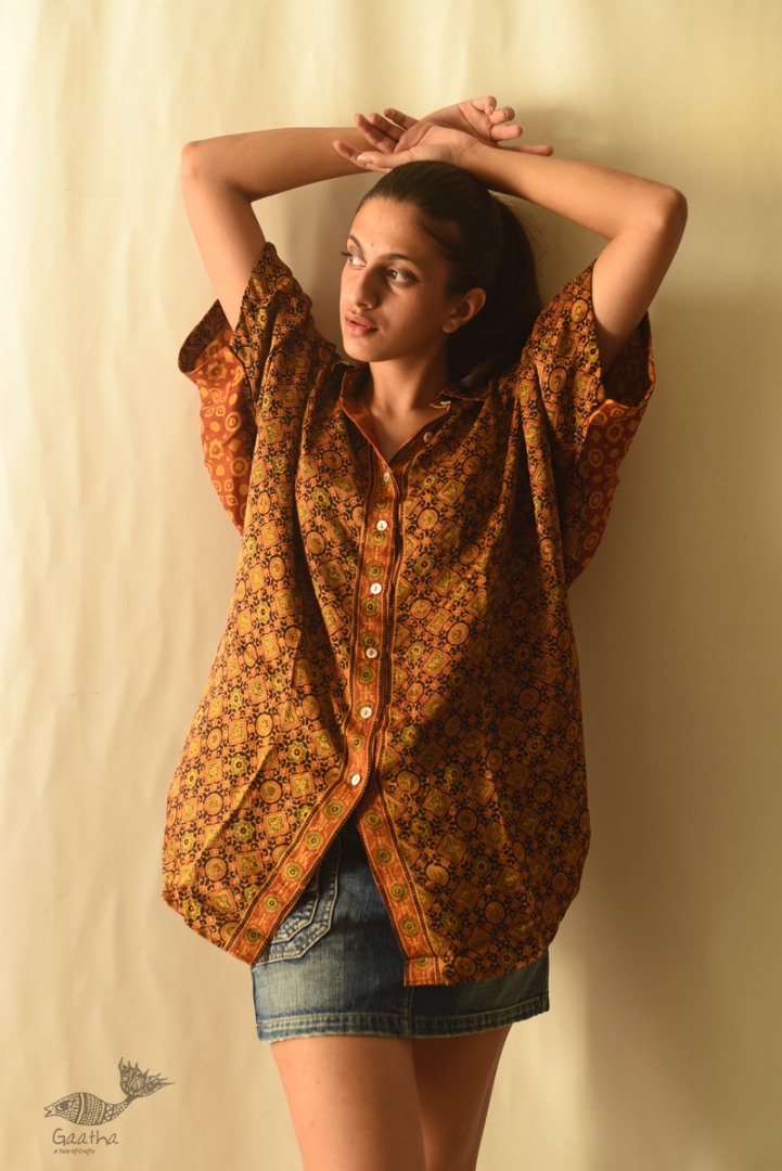 buy Ajrakh Modal Silk Half Sleeve Shirt ~ Mustard Yellow