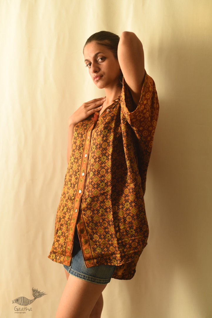 buy Ajrakh Modal Silk Half Sleeve Shirt ~ Mustard Yellow