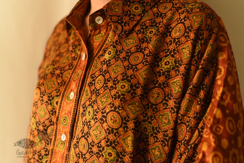 buy Ajrakh Modal Silk Half Sleeve Shirt ~ Mustard Yellow