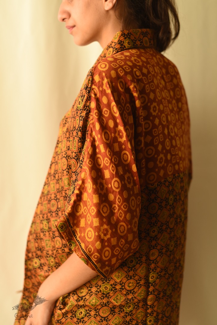 buy Ajrakh Modal Silk Half Sleeve Shirt ~ Mustard Yellow