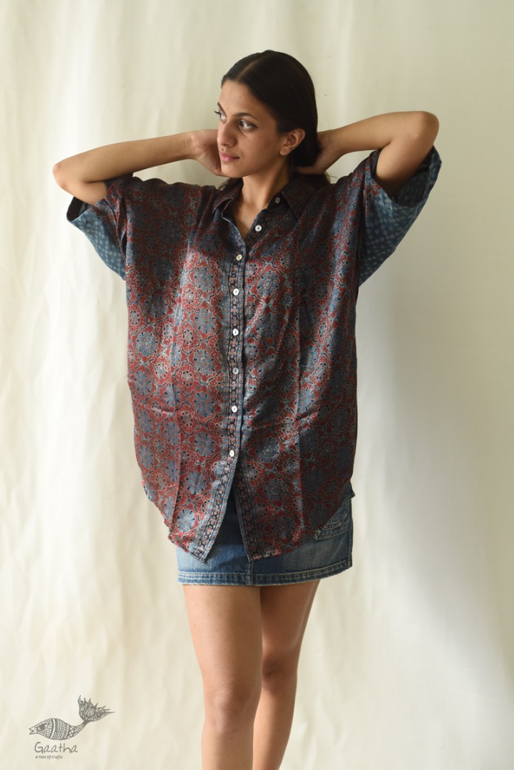 buy Ajrakh Block Printed Modal Silk Unisex Shirt