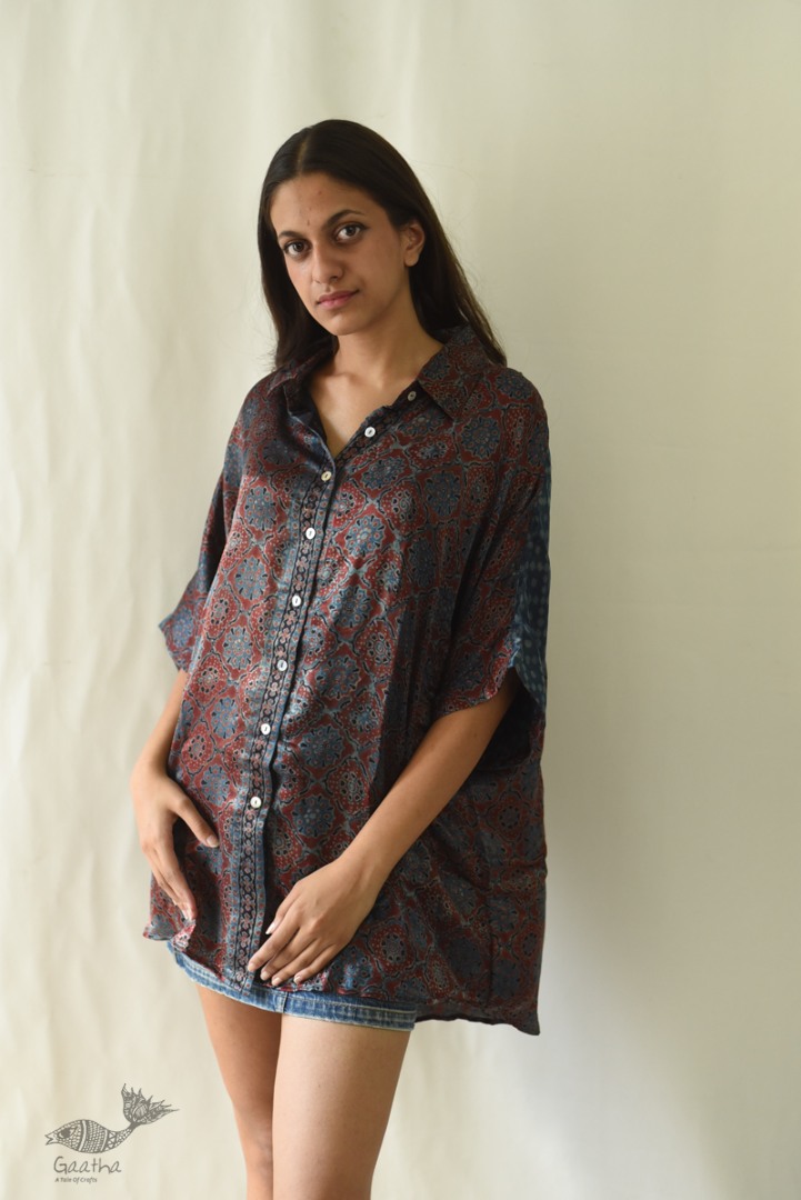 buy Ajrakh Block Printed Modal Silk Unisex Shirt