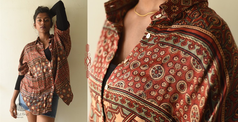 buy Ajrakh Block Printed Modal Silk Shirt - Half Sleeve