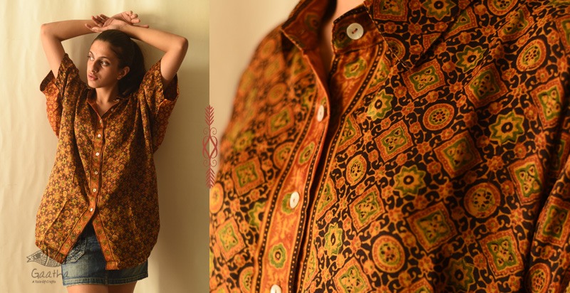 buy Ajrakh Modal Silk Half Sleeve Shirt ~ Mustard Yellow