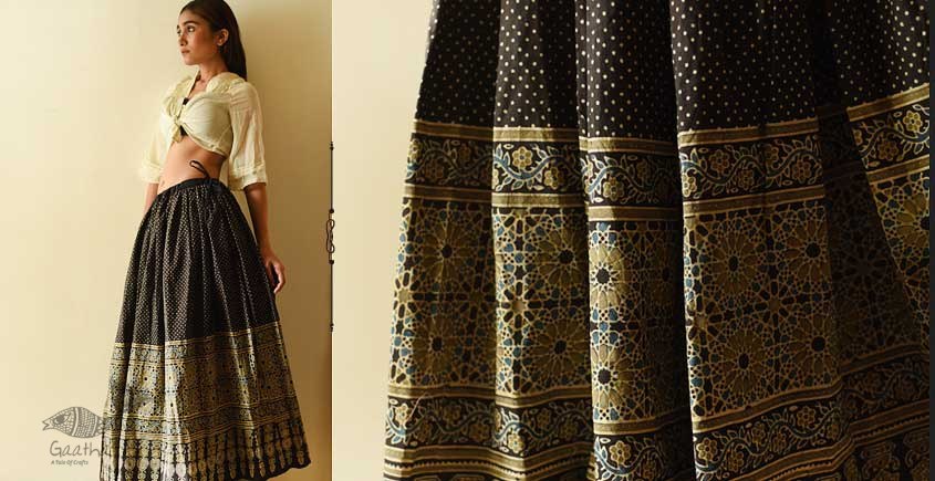 shop  Ajrakh Prints with Natural Dye - Carbon Black Long Skirt