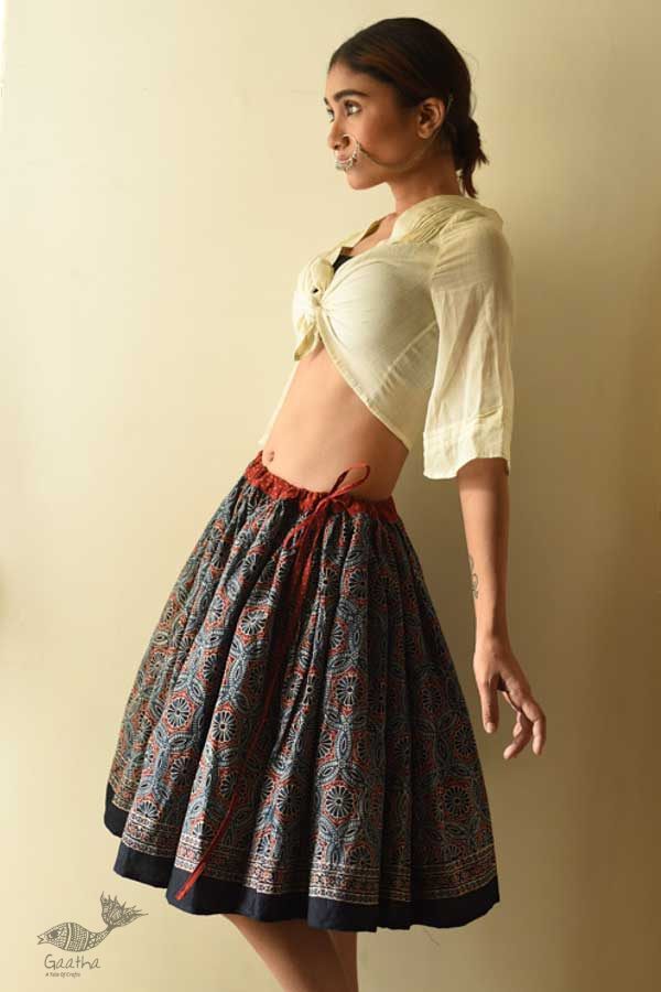 shop Natural Dyed Ajrakh Block Printed Blue Short Skirt