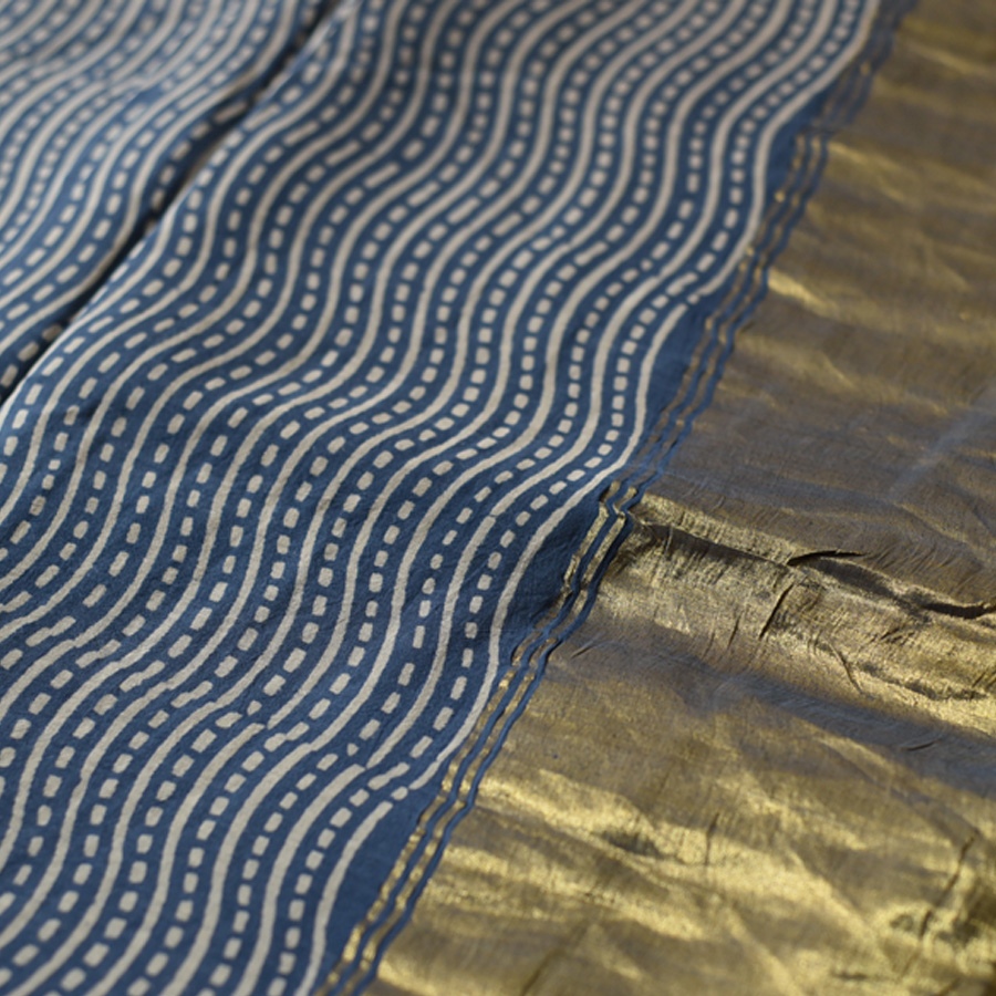 Shop Block Printed Cotton Blue Saree