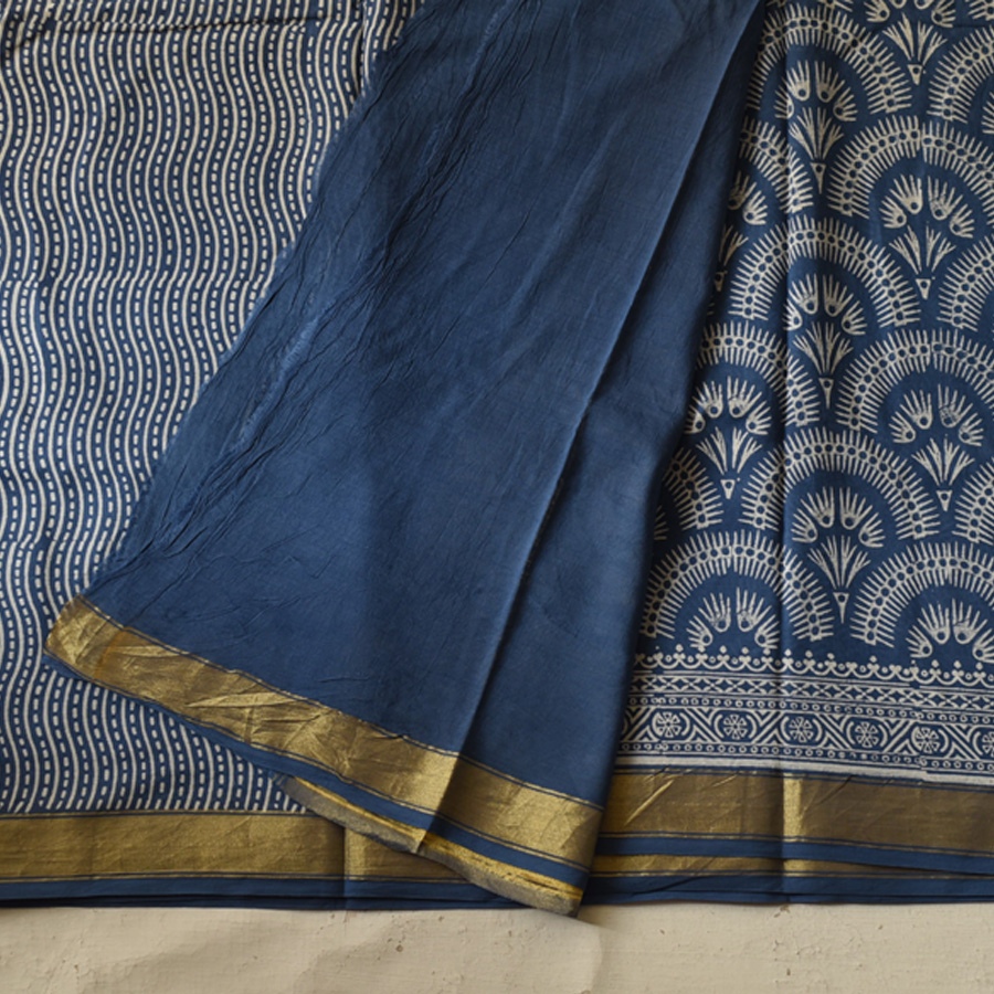 Shop Block Printed Cotton Blue Saree