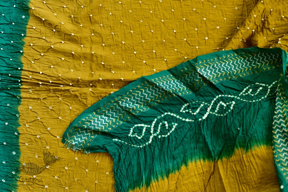 summer special Cotton Bandhani Green-Yellow Saree