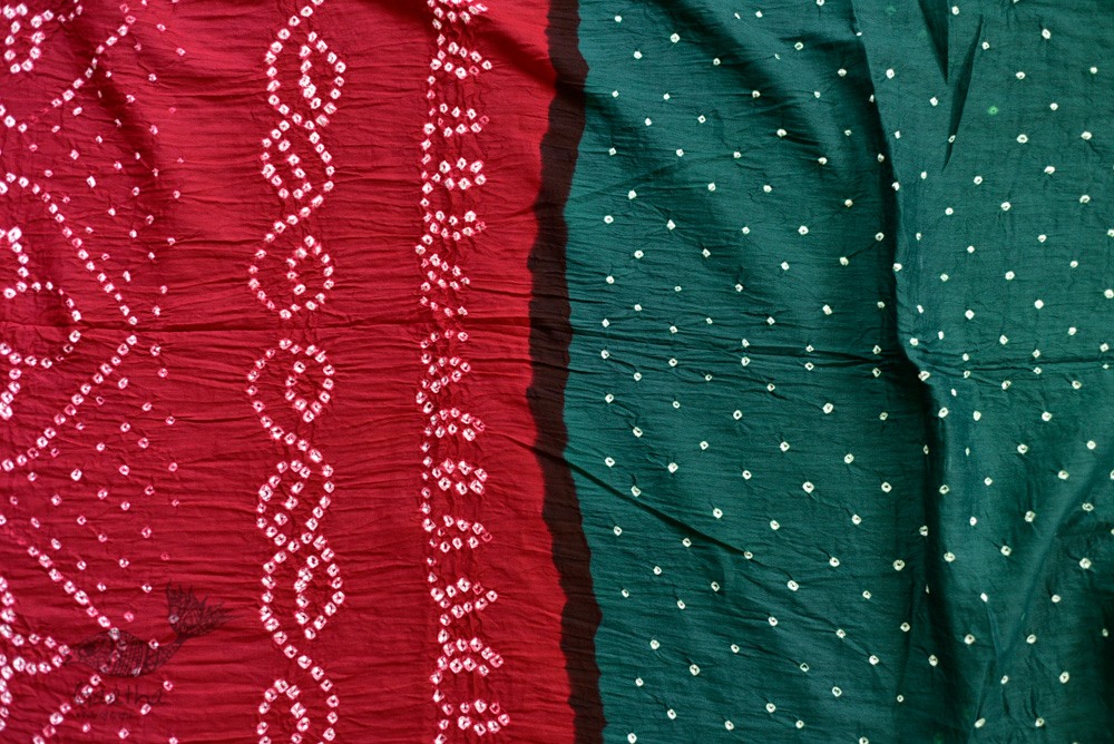 summer special Cotton Bandhani Green-red Saree