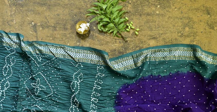 summer special Cotton Bandhani green & violet Saree