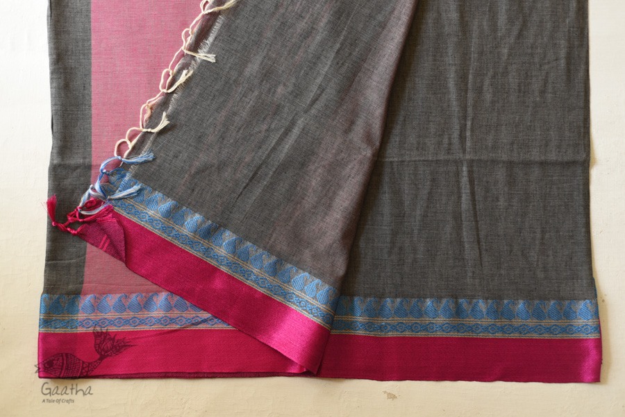 shop  Handloom Saree - Carbon Black With Rani Pink Border