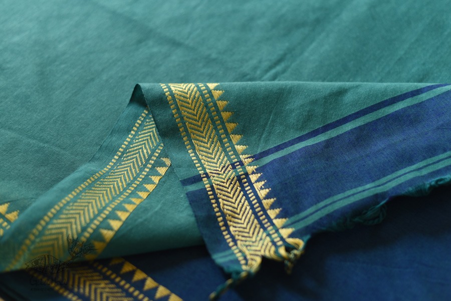 shop Green Cotton Saree With Blue Pallu