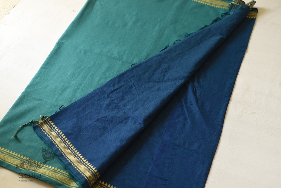 shop Green Cotton Saree With Blue Pallu