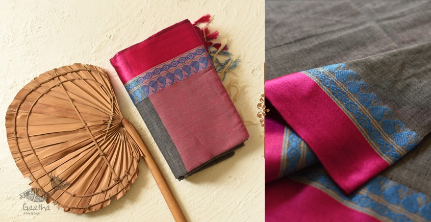 shop  Handloom Saree - Carbon Black With Rani Pink Border