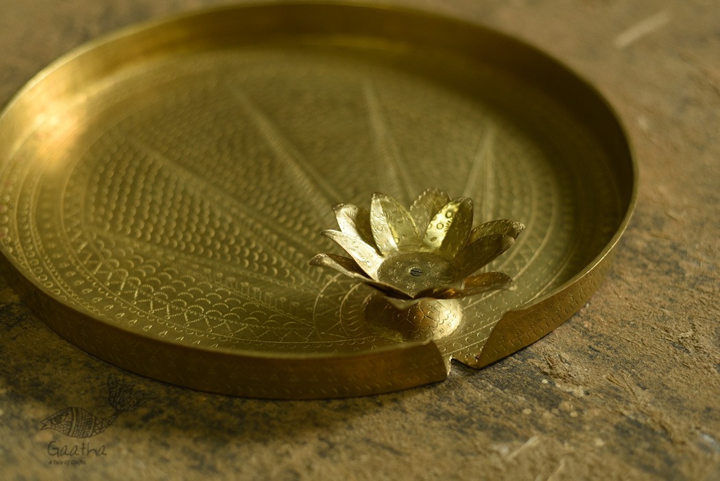 handmade brass aarti / pooja thali with diya